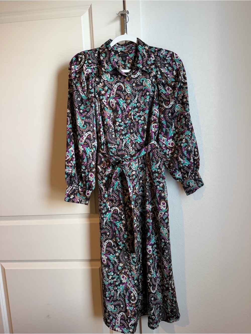 Ann Taylor Black Paisley Long-Sleeve Midi Dress with Teal & Purple Accents